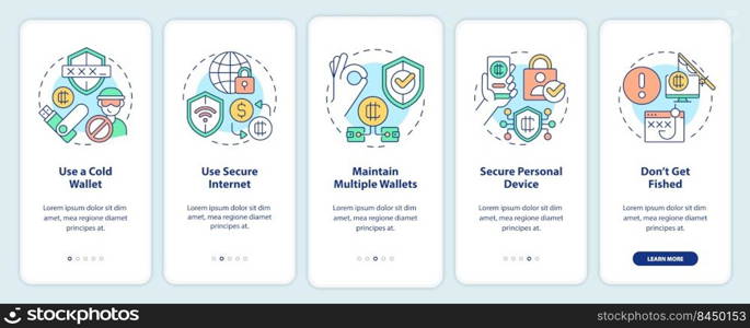 Crypto wallet security onboarding mobile app screen. Earnings safety walkthrough 5 steps editable graphic instructions with linear concepts. UI, UX, GUI template. Myriad Pro-Bold, Regular fonts used. Crypto wallet security onboarding mobile app screen