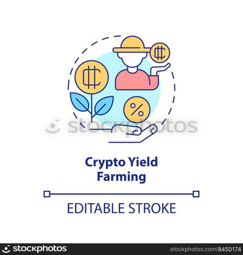 Crypto yield farming concept icon. Way to make money on cryptocurrency abstract idea thin line illustration. Isolated outline drawing. Editable stroke. Arial, Myriad Pro-Bold fonts used. Crypto yield farming concept icon