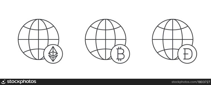 Cryptocurrencies signs. Globes with Cryptocurrencies icons. Digital cryptographic currency icons. Vector illustration