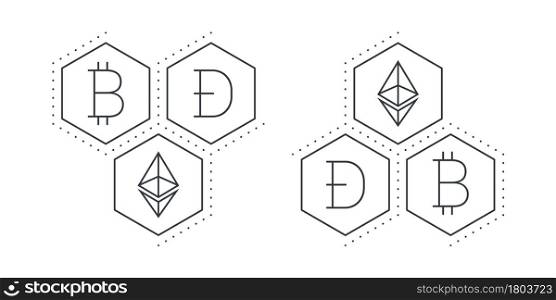 Cryptocurrencies signs. Linear icons. Digital cryptographic currency icons. Vector illustration