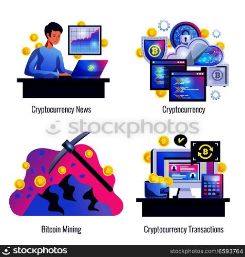 Cryptocurrency 2x2 design concept set of bitcoin mining finance market news and cryptocurrency transactions compositions flat vector illustration. Cryptocurrency 2x2 Design Concept