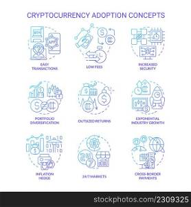 Cryptocurrency adoption blue gradient concept icons set. Easy transactions idea thin line color illustrations. Increased security. Isolated symbols. Roboto-Medium, Myriad Pro-Bold fonts used. Cryptocurrency adoption blue gradient concept icons set