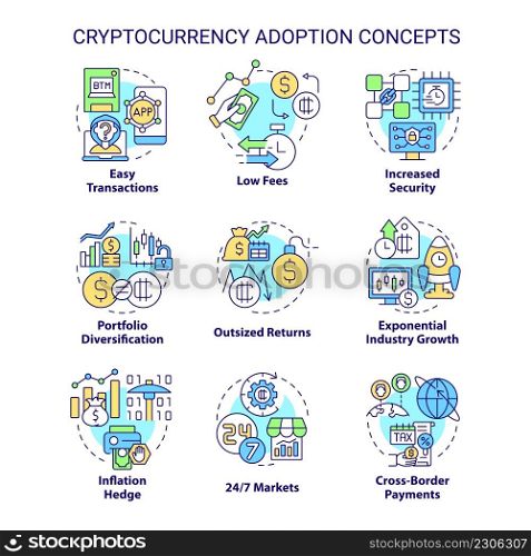 Cryptocurrency adoption concept icons set. Cross-border payments idea thin line color illustrations. Low fees. Isolated symbols. Editable stroke. Roboto-Medium, Myriad Pro-Bold fonts used. Cryptocurrency adoption concept icons set