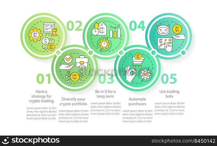 Cryptocurrency advice circle infographic template. Making money. Data visualization with 5 steps. Editable timeline info chart. Workflow layout with line icons. Myriad Pro-Regular font used. Cryptocurrency advice circle infographic template