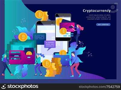 Cryptocurrency and blockchain composition with people, analysts and managers working on crypto start up. Cryptocurrency and blockchain composition with people, analysts and managers working