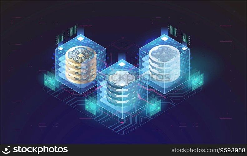 Cryptocurrency and Blockchain Concept. Data Transmission and Processing. Financial technology concept.