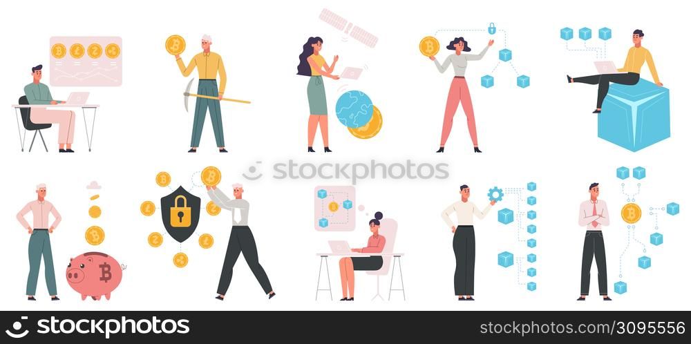 Cryptocurrency, bitcoin and blockchain data technologies. Modern digital money mining vector illustration set. Business people crypto coins mining. Bitcoin data digital technology. Cryptocurrency, bitcoin and blockchain data technologies. Modern digital money mining vector illustration set. Business people crypto coins mining