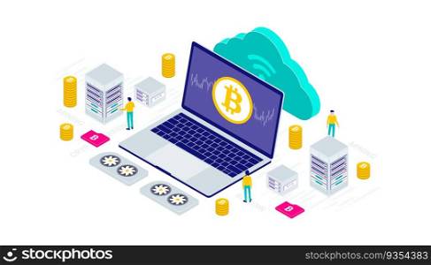 Cryptocurrency, bitcoin, blockchain, mining, technology, internet IoT isometric 3d flat illustration vector design. Suitable for user interface, ui, ux, web, mobile, banner and infographic.