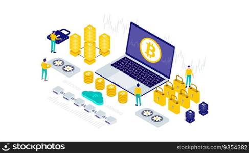 Cryptocurrency, bitcoin, blockchain, mining, technology, internet IoT, security, dashboard isometric 3d flat illustration vector design. Suitable for user interface, ui, ux, web, mobile, banner and infographic.