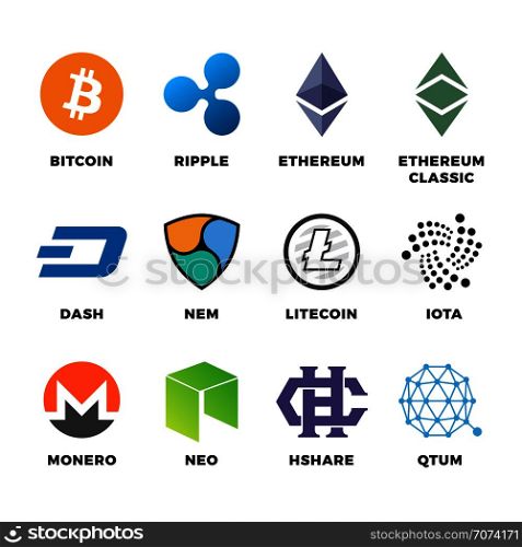 Cryptocurrency bitcoin, litecoin ethereum vector flat icons. Bitcoin and ethereum, litecoin and digital finance money illustration. Cryptocurrency bitcoin, litecoin ethereum vector flat icons