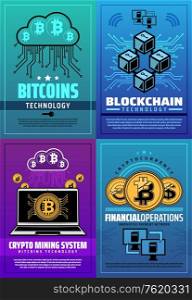Cryptocurrency bitcoins mining and crypto currency blockchain technology. Vector digital currency financial operations and cloud network payment business, online bank transaction in computer. Cryptocurrency bitcoin crypto money technology