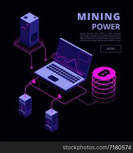 Cryptocurrency, blockchain, token trading, bitcoin farms and ico vector 3d isometric concept. Bitcoin money on computer mining, technology crypto currency illustration. Cryptocurrency, blockchain, token trading, bitcoin farms and ico vector 3d isometric concept