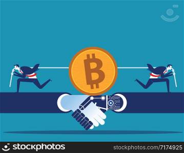 Cryptocurrency. Business people competition for bitcoin mining. Concept business vector illustration.
