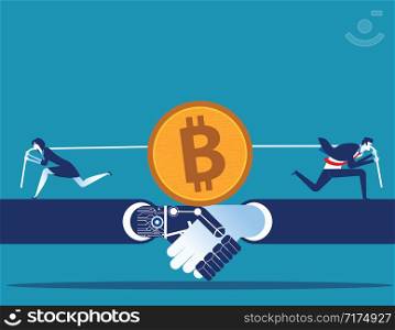 Cryptocurrency. Business people competition for bitcoin mining. Concept business vector illustration.