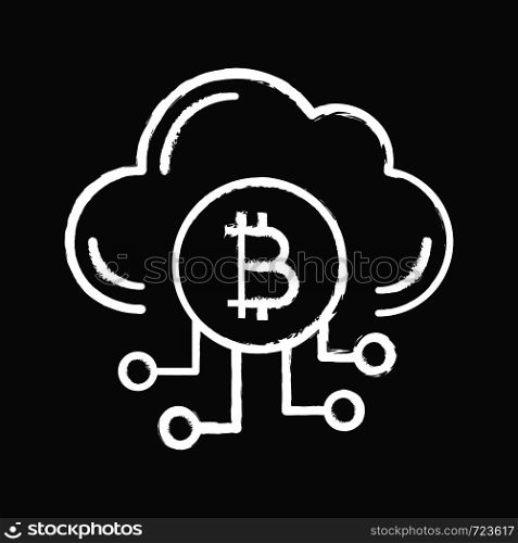 Cryptocurrency cloud mining service chalk icon. Bitcoin crypto mining. Cryptocurrency business. Cloud with bitcoin. Isolated vector chalkboard illustration. Cryptocurrency cloud mining service chalk icon
