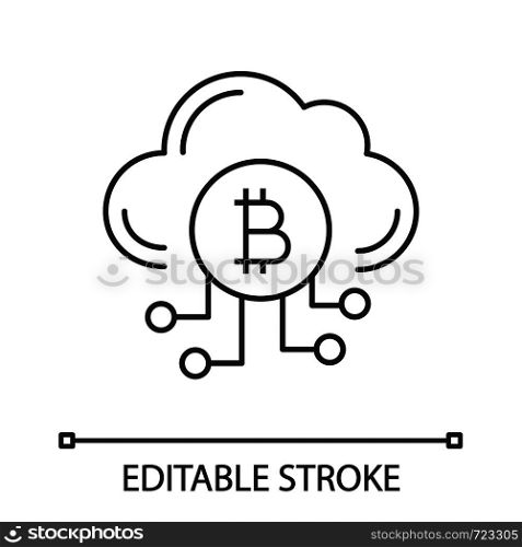 Cryptocurrency cloud mining service linear icon. Bitcoin crypto mining. Thin line illustration. Cryptocurrency business. Cloud with bitcoin. Vector isolated outline drawing. Editable stroke. Cryptocurrency cloud mining service linear icon