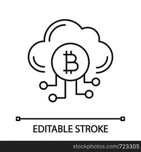 Cryptocurrency cloud mining service linear icon. Bitcoin crypto mining. Thin line illustration. Cryptocurrency business. Cloud with bitcoin. Vector isolated outline drawing. Editable stroke. Cryptocurrency cloud mining service linear icon