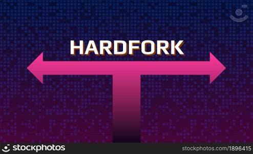 Cryptocurrency coin hardfork text over the split arrows. Splitting a coin into two ways. Vector illustration.