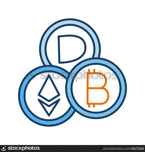 Cryptocurrency color icon. Digital money. E-payment. Crypto currency. Bitcoin, Ethereum, Dash. E-money. Isolated vector illustration. Cryptocurrency color icon