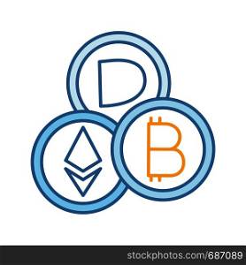 Cryptocurrency color icon. Digital money. E-payment. Crypto currency. Bitcoin, Ethereum, Dash. E-money. Isolated vector illustration. Cryptocurrency color icon