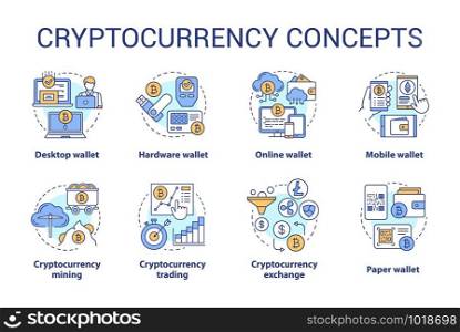 Cryptocurrency concept icons set. Digital asset idea thin line illustrations. Online, hardware wallet. Financial transaction. Bitcoin exchange. Vector isolated outline drawings. Editable stroke
