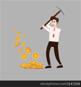 Cryptocurrency concept with businessman miner and coins. Young man with pickaxe working in bitcoin mine. Cryptocurrency concept with businessman miner and coins. Young man with pickaxe working in bitcoin mine, cartoon style, isolated