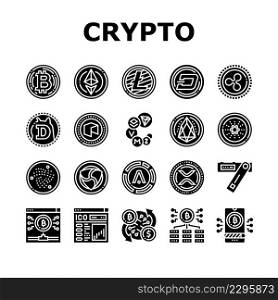Cryptocurrency Digital Money Icons Set Vector. Bitcoin And Litecoin, Dogecoin And Xrp, Aion And Iota Cryptocurrency Line. Mining Eos Ethereum Electronic Devices Glyph Pictograms Black Illustrations. Cryptocurrency Digital Money Icons Set Vector