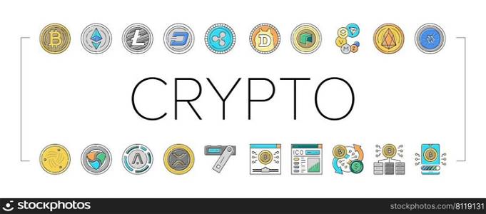 Cryptocurrency Digital Money Icons Set Vector. Bitcoin And Litecoin, Dogecoin And Xrp, Aion And Iota Cryptocurrency Line. Mining Eos And Ethereum Electronic Devices Color Illustrations. Cryptocurrency Digital Money Icons Set Vector