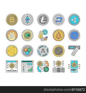 Cryptocurrency Digital Money Icons Set Vector. Bitcoin And Litecoin, Dogecoin And Xrp, Aion And Iota Cryptocurrency Line. Mining Eos And Ethereum Electronic Devices Color Illustrations. Cryptocurrency Digital Money Icons Set Vector