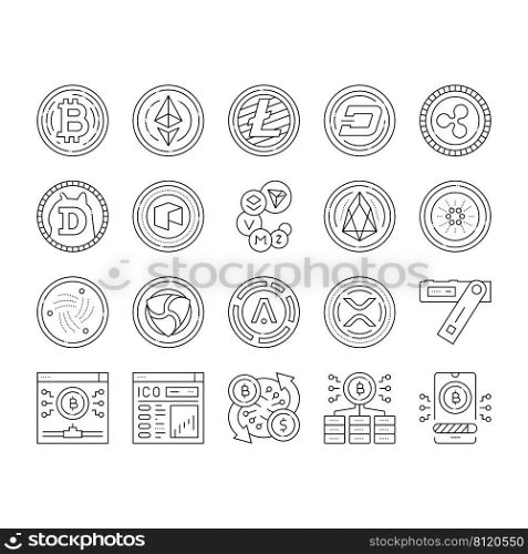 Cryptocurrency Digital Money Icons Set Vector. Bitcoin And Litecoin, Dogecoin And Xrp, Aion And Iota Cryptocurrency Line. Mining Eos And Ethereum Electronic Devices Black Contour Illustrations. Cryptocurrency Digital Money Icons Set Vector