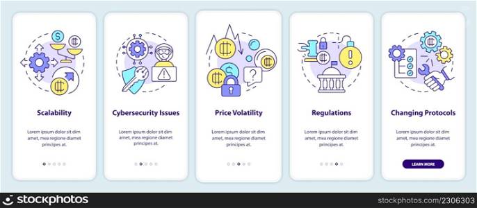 Cryptocurrency drawbacks onboarding mobile app screen. Scalability walkthrough 5 steps graphic instructions pages with linear concepts. UI, UX, GUI template. Myriad Pro-Bold, Regular fonts used. Cryptocurrency drawbacks onboarding mobile app screen