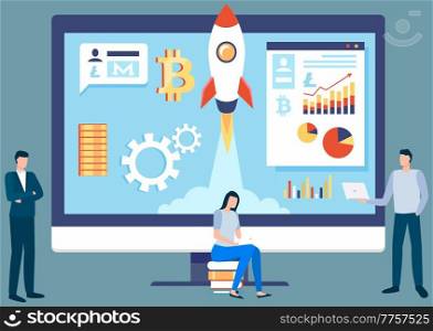 Cryptocurrency earnings. Web banner of blockchain technology, new start up with financial innovation, cryptocurrency mining, digital money market with tiny businessmen, bitcoin and litecoin signs. Cryptocurrency earnings. Web banner of blockchain technology, new start up with financial innovation