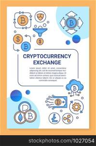 Cryptocurrency exchange and mining poster template layout. Banner, booklet, leaflet print design with icons. Virtual money transaction. Vector brochure page layouts for magazines, advertising flyers