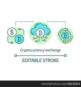 Cryptocurrency exchange concept icon. Trade digital currency for asset idea thin line illustration. Bitcoin to dollar exchange. Online banking system. Vector isolated outline drawing. Editable stroke