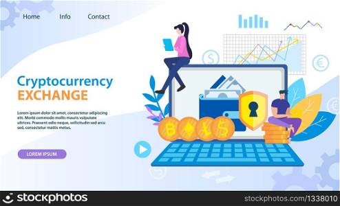Cryptocurrency Exchange. Dollar Bitcoin Ethereum Coins Virtual Wallet Vector Illustration. Man and Woman with Computer. Currency Price Graph Growth Rate Analysis. Online Bank Blockchain Technology. Cryptocurrency Exchange Dollar Bitcoin Ethereum