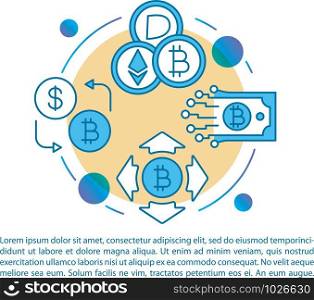 Cryptocurrency exchange service article page vector template. Crypto transactions. Virtual money. Brochure, magazine, booklet design element with icons and text. Print design. Concept illustrations