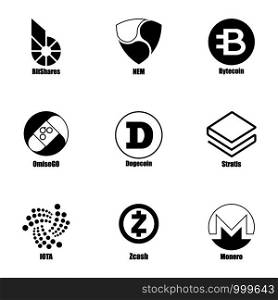 Cryptocurrency icons set. Simple set of 9 cryptocurrency vector icons for web isolated on white background. Cryptocurrency icons set, simple style