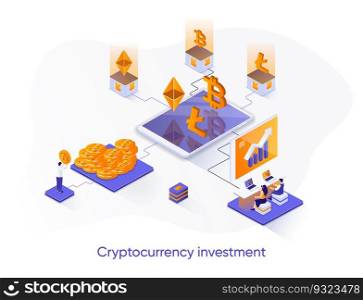 Cryptocurrency investment isometric web banner. Trading and exchange cryptocurrency isometry concept. Capital investing, blockchain technology 3d scene. Vector illustration with people characters.