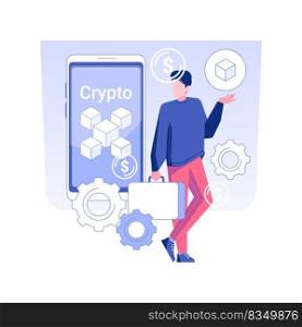 Cryptocurrency investor isolated concept vector illustration. Businessman invests in cryptocurrency, financial literacy, raising money, coins growth, blockchain technology vector concept.. Cryptocurrency investor isolated concept vector illustration.