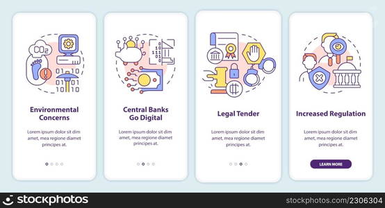 Cryptocurrency issues in nearest future onboarding mobile app screen. Walkthrough 4 steps graphic instructions pages with linear concepts. UI, UX, GUI template. Myriad Pro-Bold, Regular fonts used. Cryptocurrency issues in nearest future onboarding mobile app screen