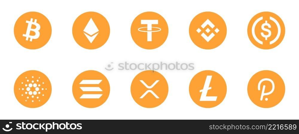 Cryptocurrency logo. A set of the best cryptocurrency token logos. Bitcoin, Ethereum, USDT, BNB, and other. Editorial vector illustration