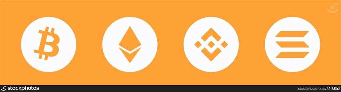 Cryptocurrency logo. A set of the best cryptocurrency token logos. Bitcoin, Ethereum, BNB, and Solana.. Cryptocurrency logo. A set of the best cryptocurrency token logos. Bitcoin, Ethereum, BNB, and Solana. Editorial vector illustration
