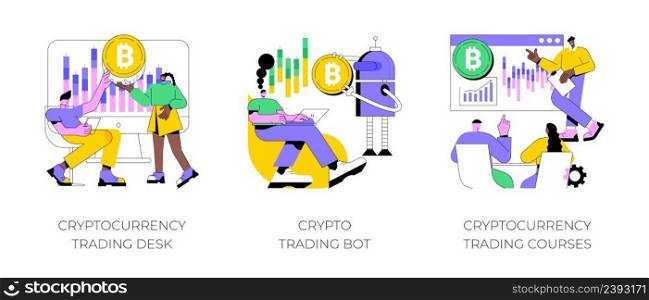 Cryptocurrency market abstract concept vector illustration set. Cryptocurrency trading desk bot, bitcoin trading courses, financial exchange, digital tokens, blockchain technology abstract metaphor.. Cryptocurrency market abstract concept vector illustrations.