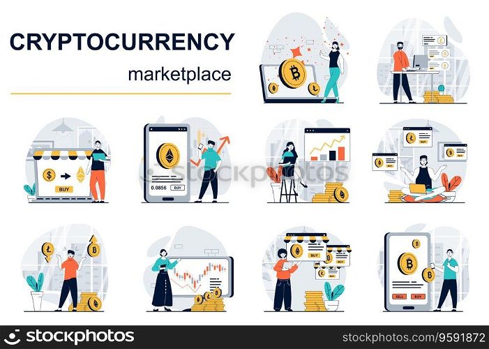 Cryptocurrency marketplace concept with character situations mega set. Bundle of scenes people analysing financial trends on exchange, buy or sell bitcoins. Vector illustrations in flat web design