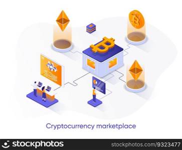 Cryptocurrency marketplace isometric web banner. Cryptocurrency trading platform isometry concept. Online buy, sell and exchange service 3d scene design. Vector illustration with people characters.