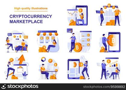 Cryptocurrency marketplace web concept with people scenes set in flat style. Bundle of analysing financial data, buying bitcoins, crypto market operations. Vector illustration with character design