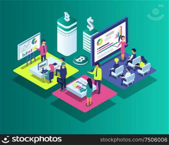 Cryptocurrency meeting of people isolated icons vector. Bitcoin and dollar currency on pedestal, financial problems and results. Man and woman working. Cryptocurrency Meeting Icons Vector Illustration