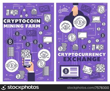 Cryptocurrency mining, bitcoin blockchain technology and cryptocoin exchange. Vector crypto money payment, digital currency finance market, bit coin transaction data and internet bank farm. Crypto coin mining farm, cryptocurrency exchange