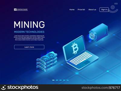 Cryptocurrency mining. Blockchain farms mainframe or mine server laptop farm computer video card monetary system. Digital currency bitcoin mining, miner isometric vector illustration. Cryptocurrency mining. Blockchain farms mainframe or mine computer system. Digital currency miner isometric vector illustration