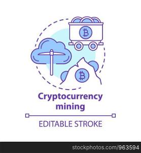 Cryptocurrency mining concept icon. Electronic money idea thin line illustration. Cryptomining, blockchain. Digital currency transaction validation. Vector isolated outline drawing. Editable stroke